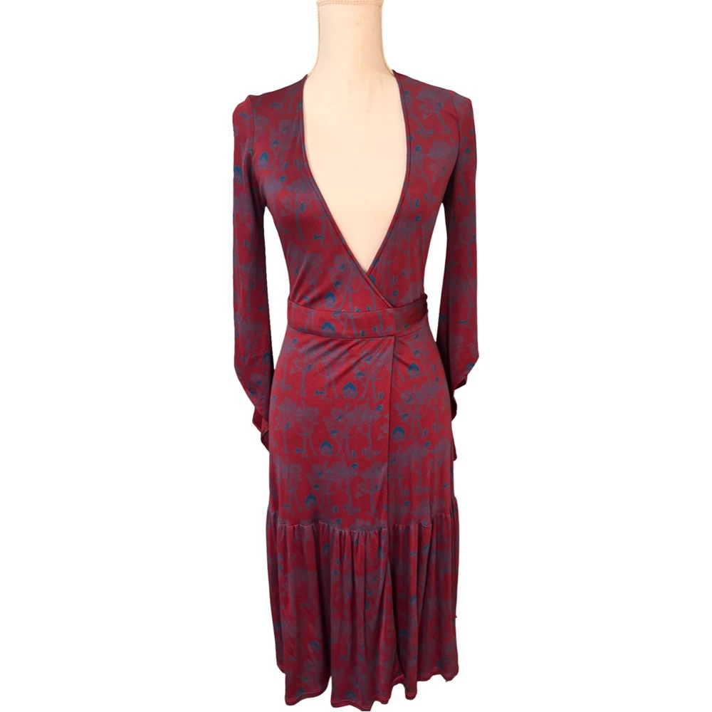 Sara Red and Blue wrap Dress with pleated bottom detail